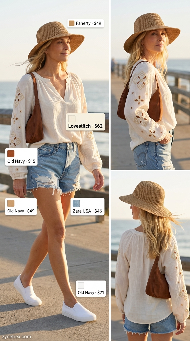Classic summer outfit for women over 60 2026: Denim shorts, flowy blouse, straw hat, canvas sneakers.
