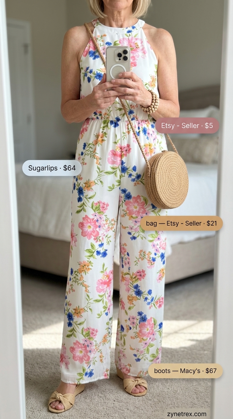 Classic summer outfit for women over 60 2026: Floral jumpsuit with espadrilles and straw bag for daytime events.