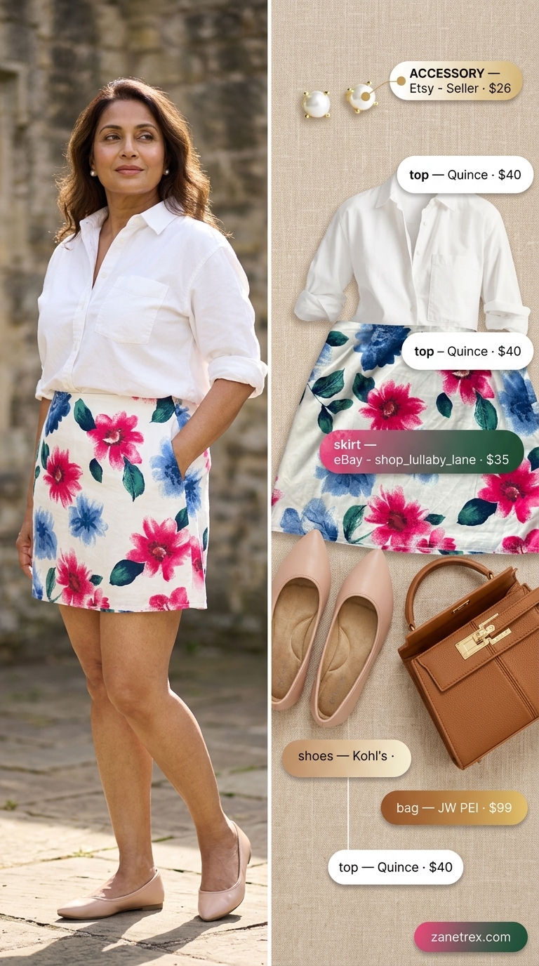 Classic summer outfit for women over 60 2026: Pastel floral skirt, white shirt, tan bag, nude flats.