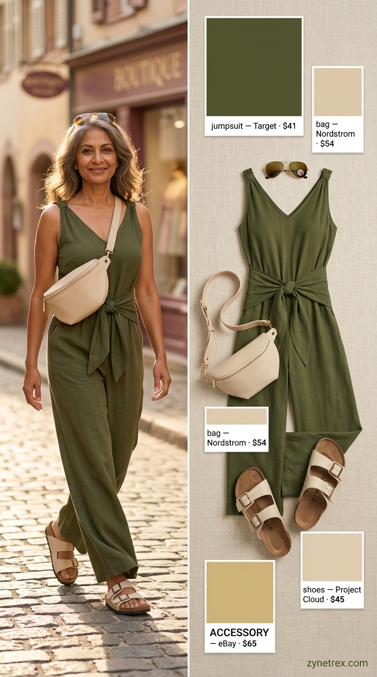 Classic summer outfit for women over 60 2026: Olive green jumpsuit, beige belt bag, leather slides.