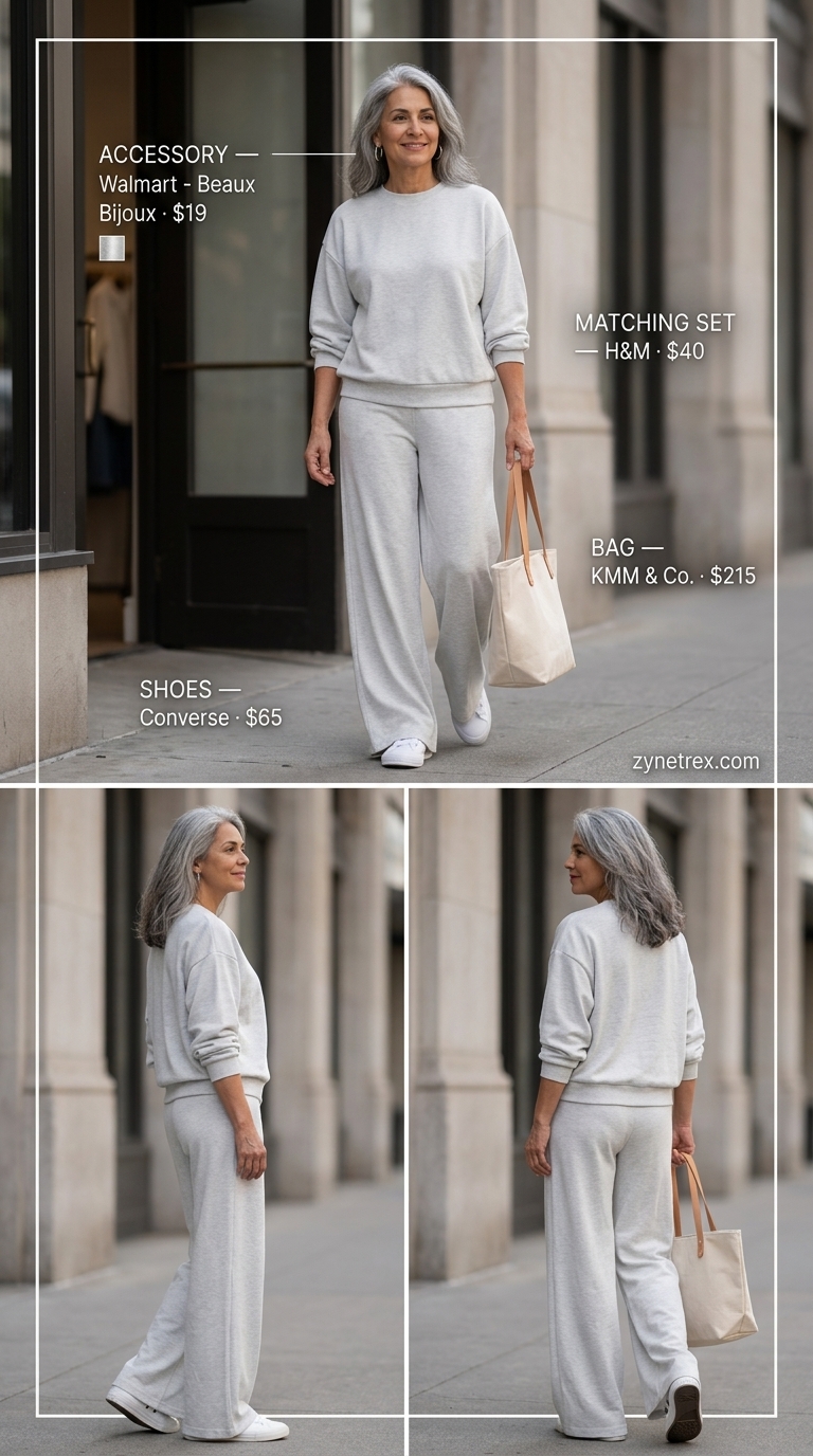 Classic summer outfit for women over 60 2026: Grey knit set, white sneakers, silver hoops.