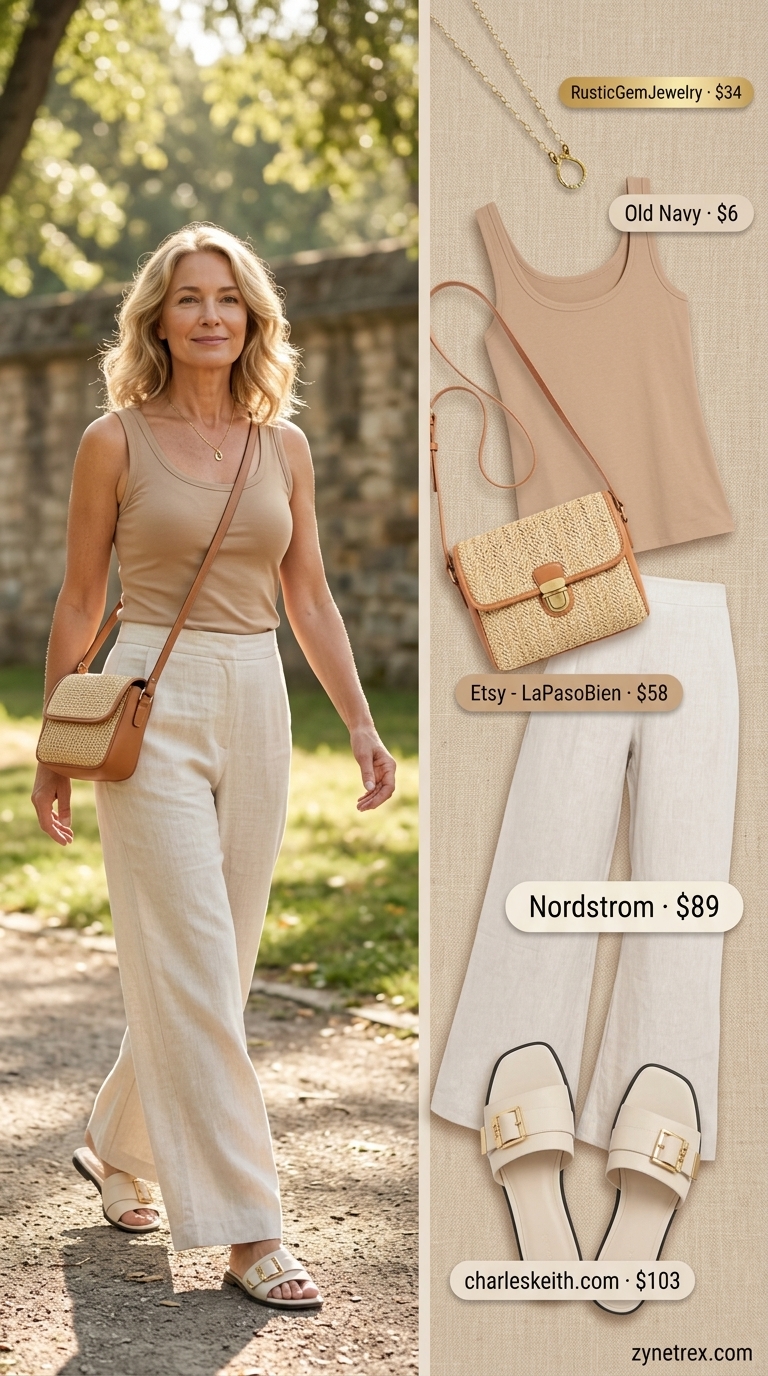 Classic summer outfit for women over 60 2026: Cream linen pants, tan tank, straw bag.