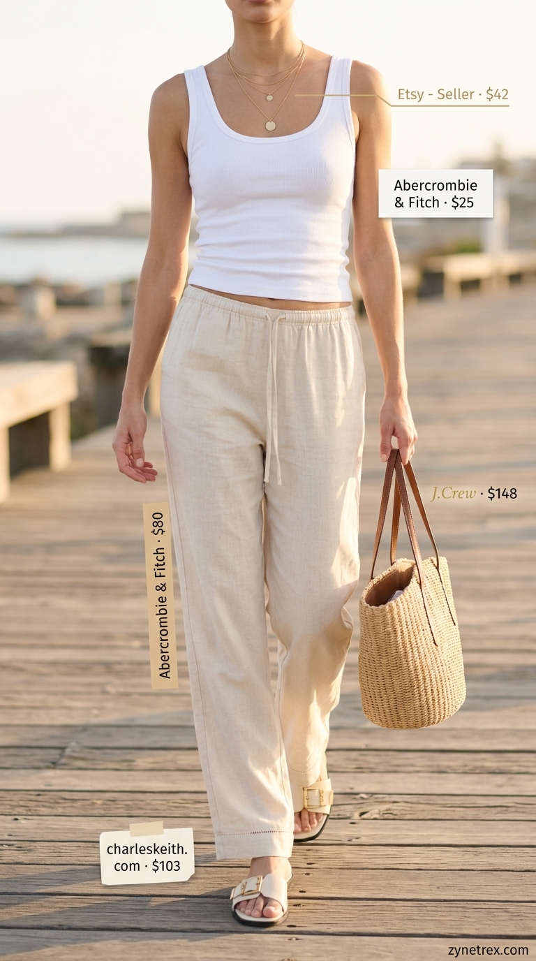 Classic summer outfit for women over 60 2026: Beige linen pants with cream tank and slides for casual outings.