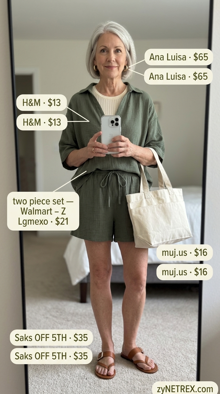 Classic summer outfit for women over 60 2026: Olive linen shorts set with tank and slides for relaxed days.