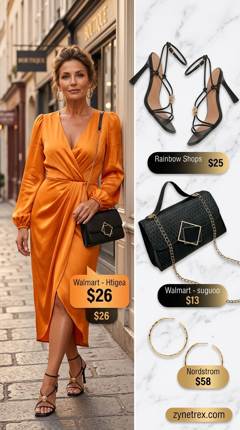 Classic summer outfit for women over 60 2026: Mango orange wrap dress, black heels, gold hoops.