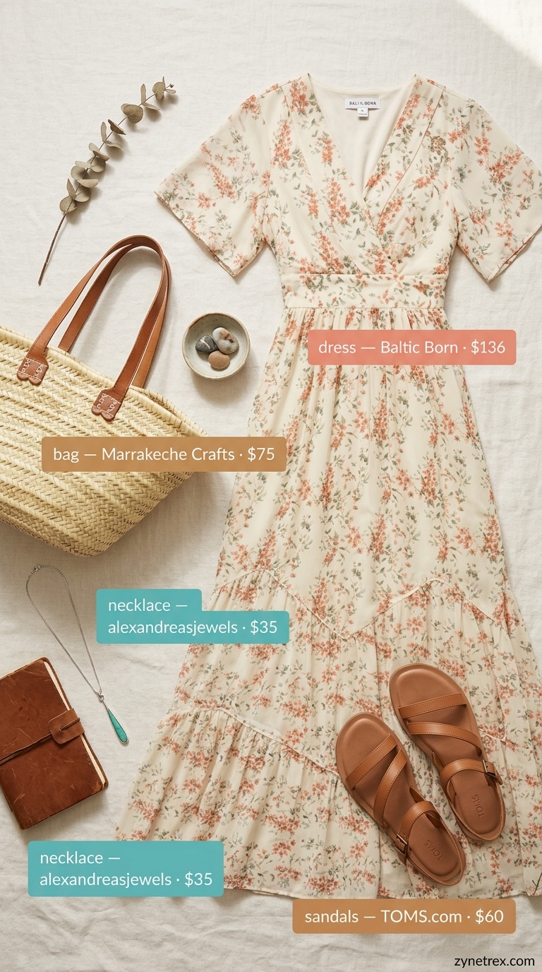 Classic summer outfit for women over 60 2026: Muted floral maxi dress, strappy sandals, straw tote.