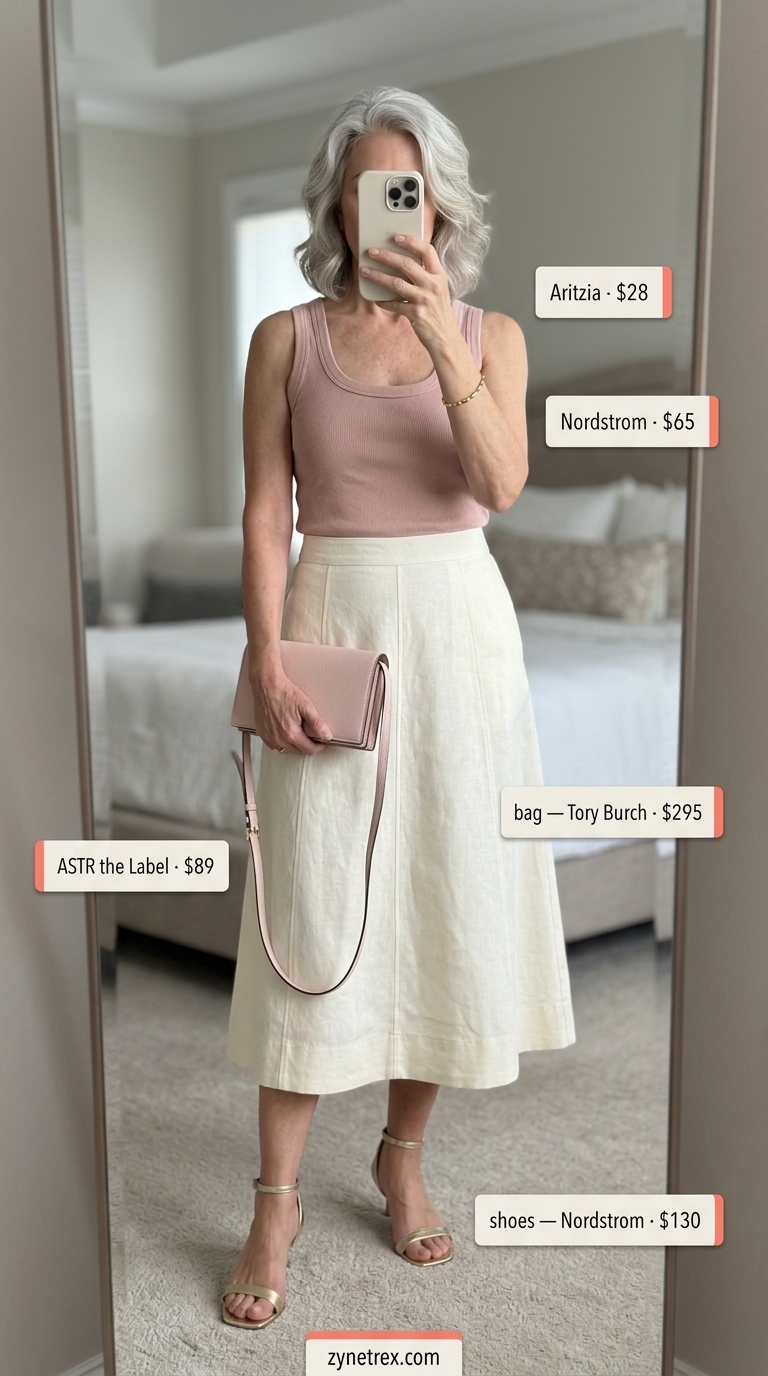 Classic summer outfit for women over 60 2026: Ivory midi skirt, pink knit top, block heels.