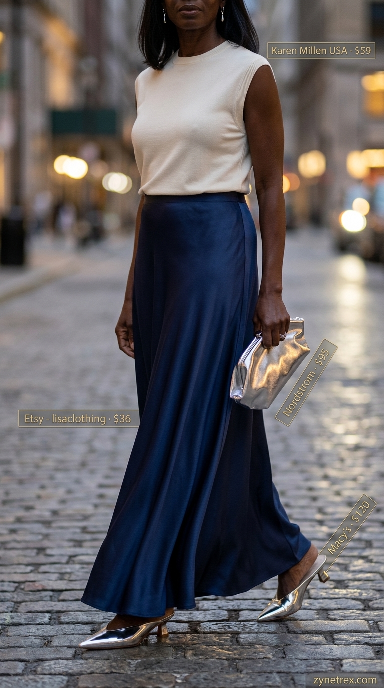 Classic summer outfit for women over 60 2026: Navy maxi skirt with cream knit top and silver accessories for evenings.