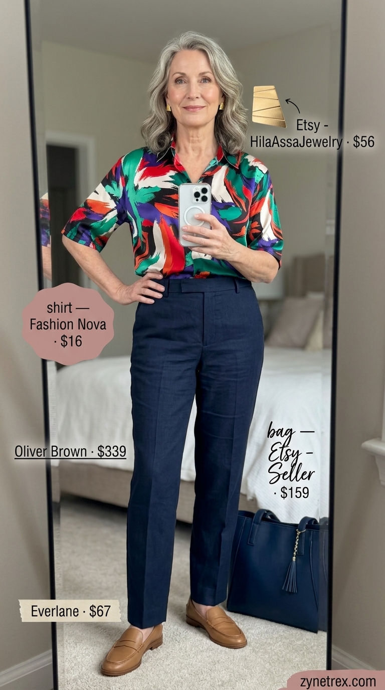Classic summer outfit for women over 60 2026: Navy trousers with printed blouse for smart casual occasions.