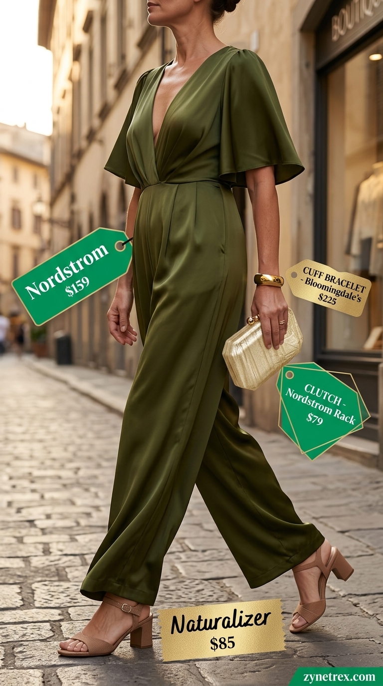 Classic summer outfit for women over 60 2026: Olive green wide-leg jumpsuit with block heels and gold clutch.