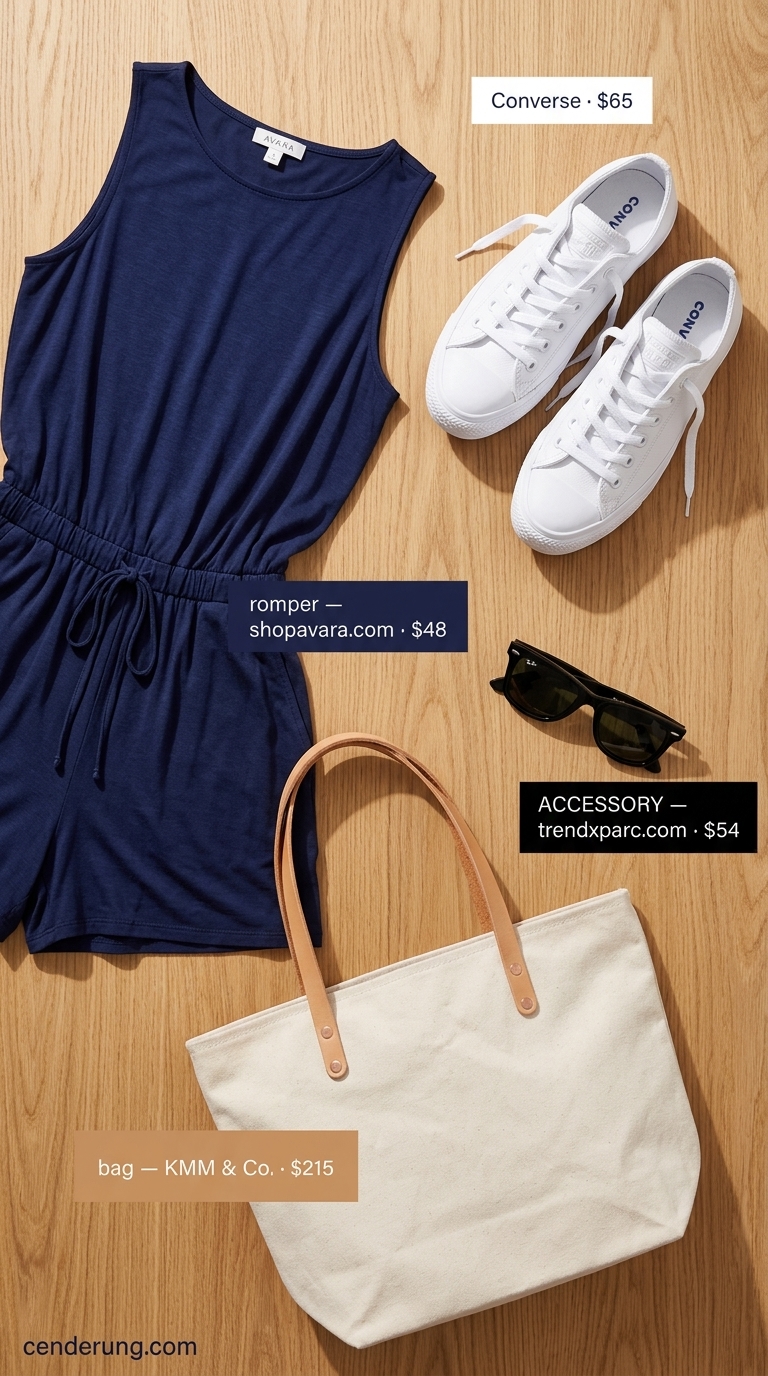 Classic summer outfit for women over 60 2026: Navy romper, white sneakers, canvas tote.