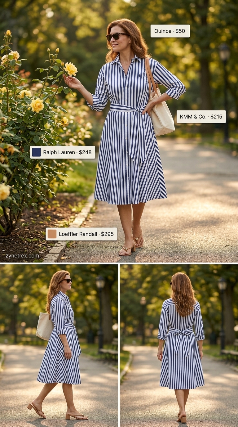 Classic summer outfit for women over 60 2026: Navy stripe shirt dress, tan tote, leather sandals.