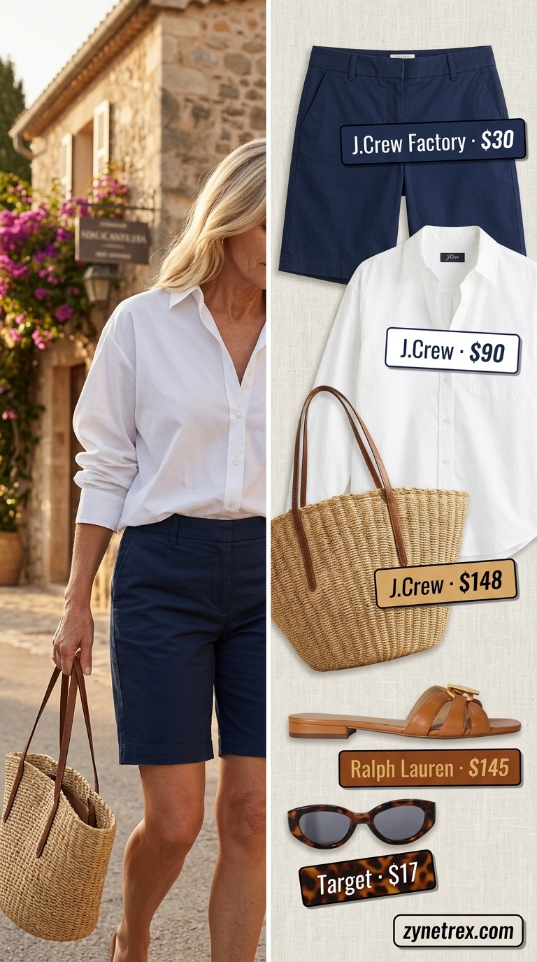 Classic summer outfit for women over 60 2026: Navy shorts with white shirt and straw tote for casual events.