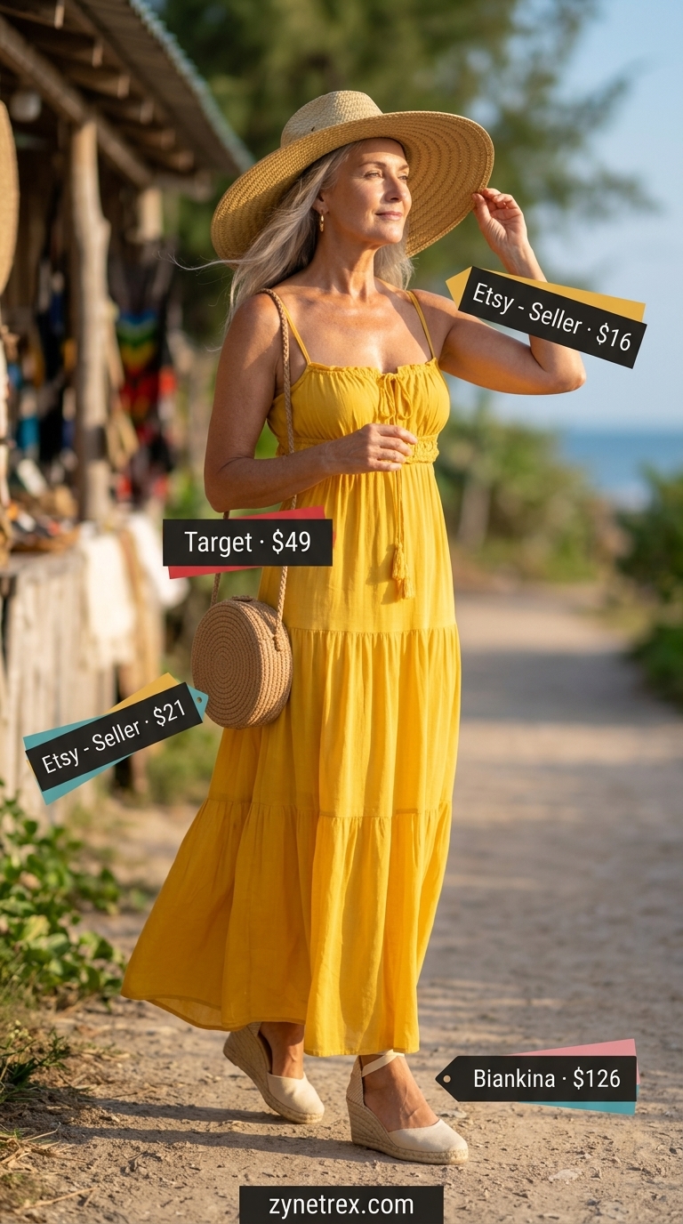 Classic summer outfit for women over 60 2026: Yellow maxi dress with espadrilles and straw hat for beach days.