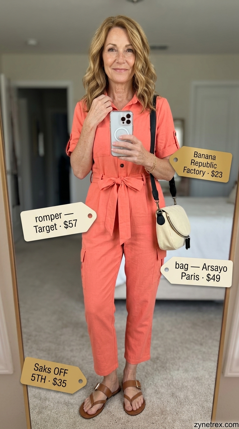 Classic summer outfit for women over 60 2026: Coral linen romper, tan sandals, cream crossbody bag for casual day.