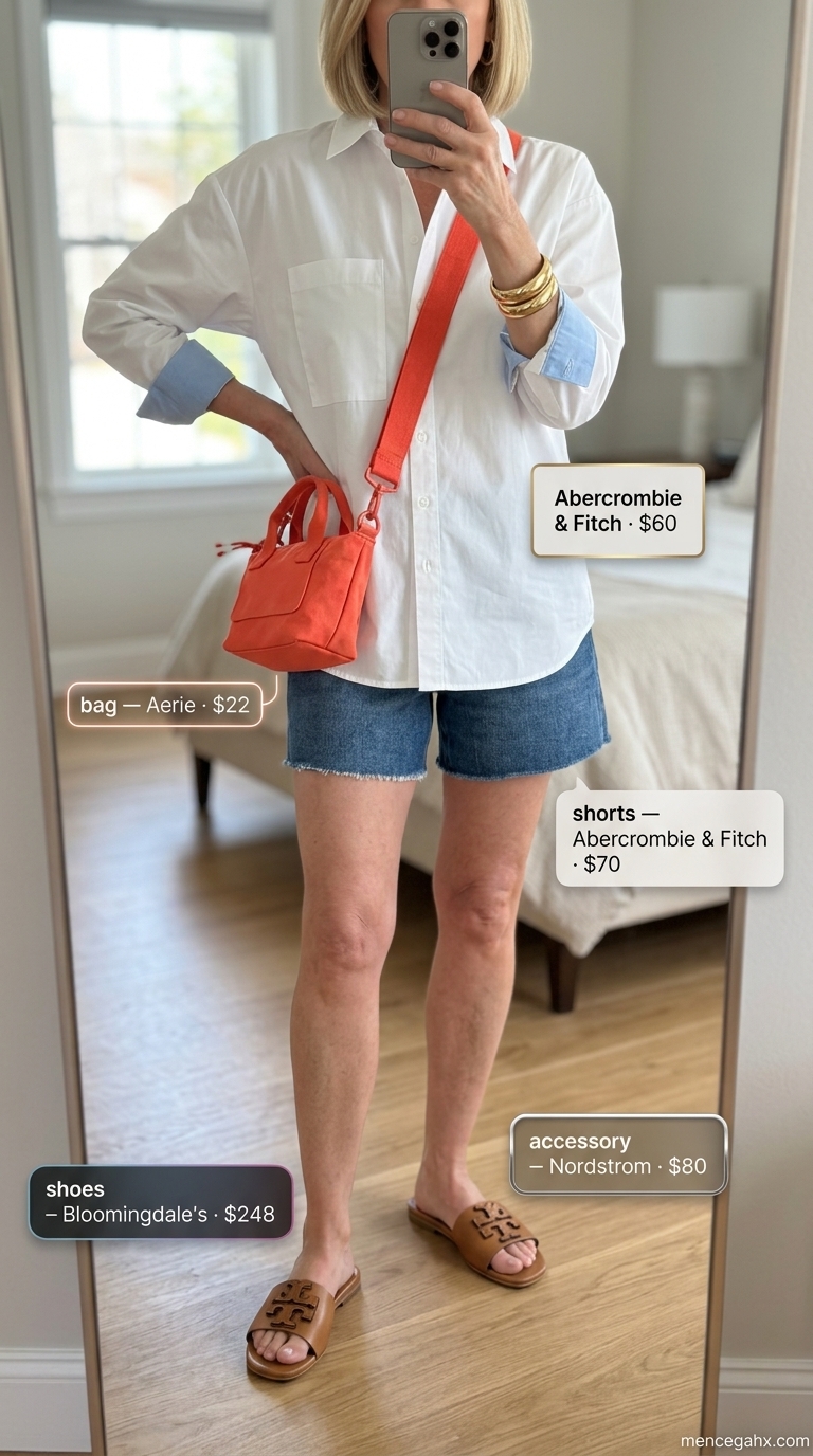 Classic summer outfit for women over 60 2026: Denim shorts, white shirt, coral bag for casual weekend.
