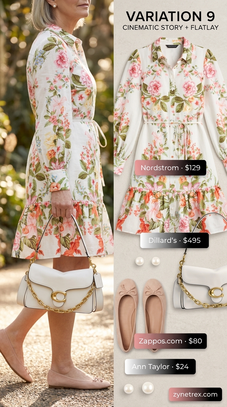 Classic summer outfit for women over 60 2026: Pastel blue floral midi shirt dress, pink flats, pearl earrings.