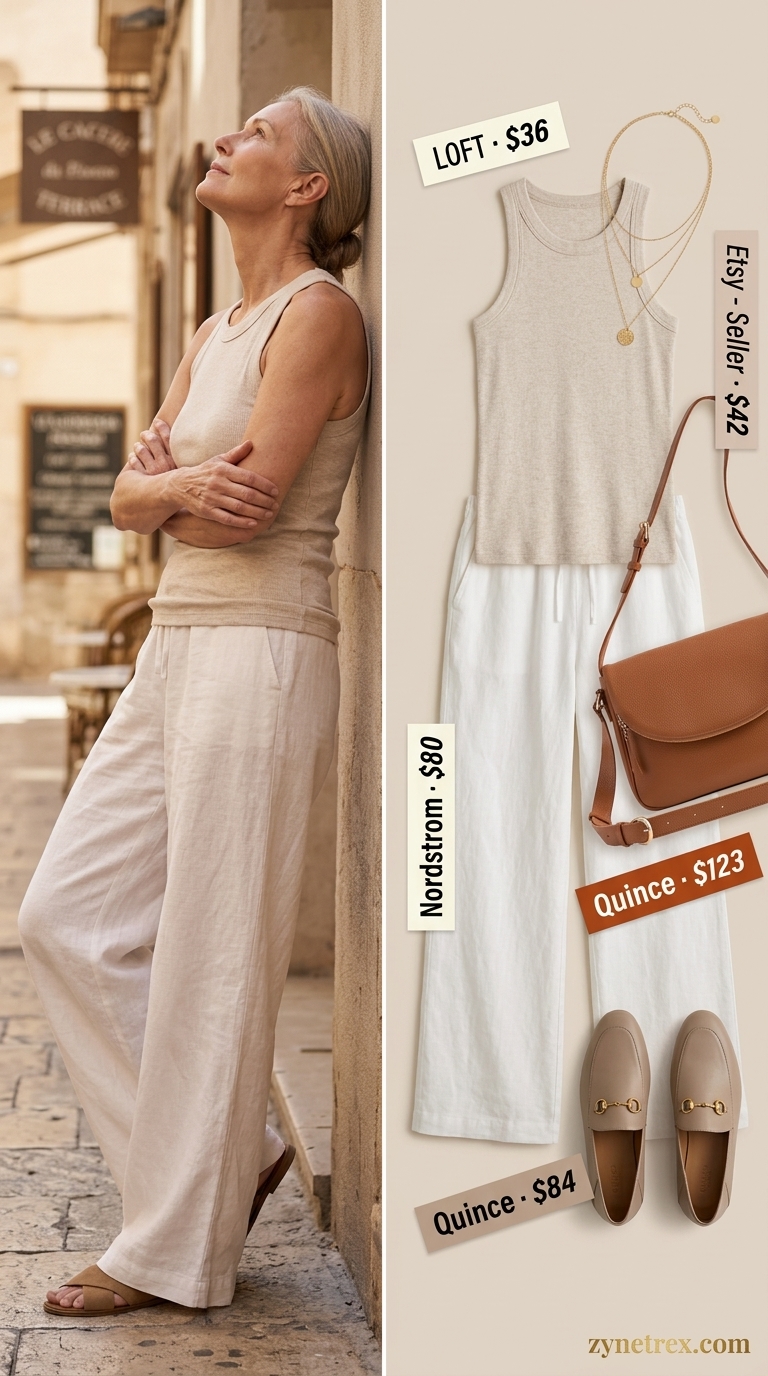 Classic summer outfit for women over 60 2026: Ivory linen pants, beige knit top, leather loafers for day out.