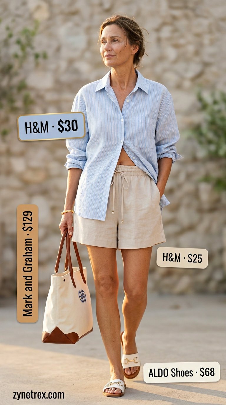 Classic summer outfit for women over 60 2026: Linen shorts, blue striped shirt, leather sandals for vacation.