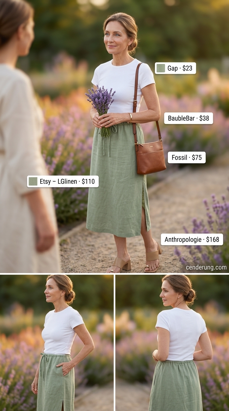 Classic summer outfit for women over 60 2026: Sage green midi skirt, white knit top, tan mules for lunch.