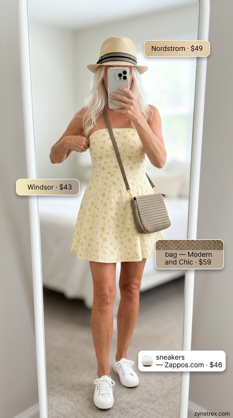 Classic summer outfit for women over 60 2026: Yellow floral mini dress, straw hat, canvas sneakers for picnic.