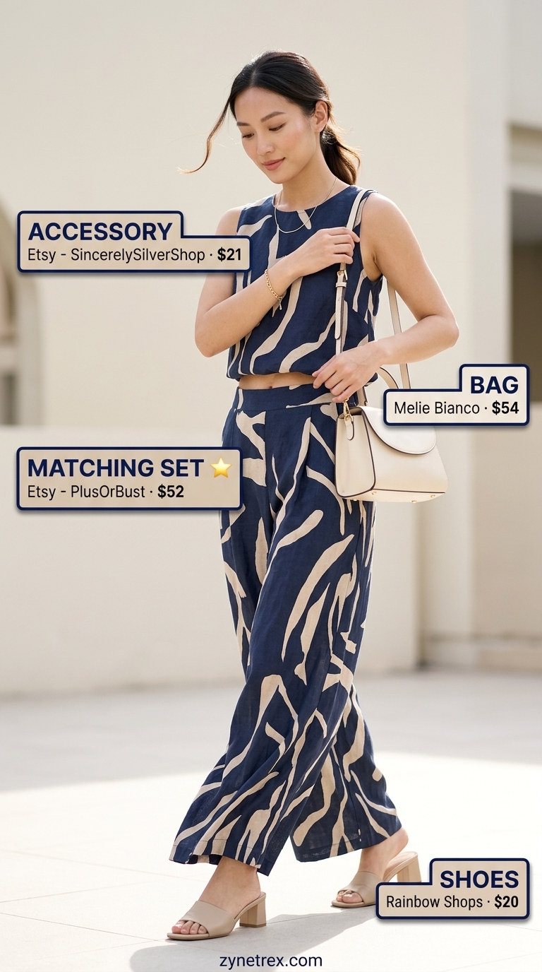 Abstract Set: Artistic Summer Outfits 2026 Colorful summer print outfits for women 2026: Navy beige abstract matching set with heeled sandals for art exhibition.