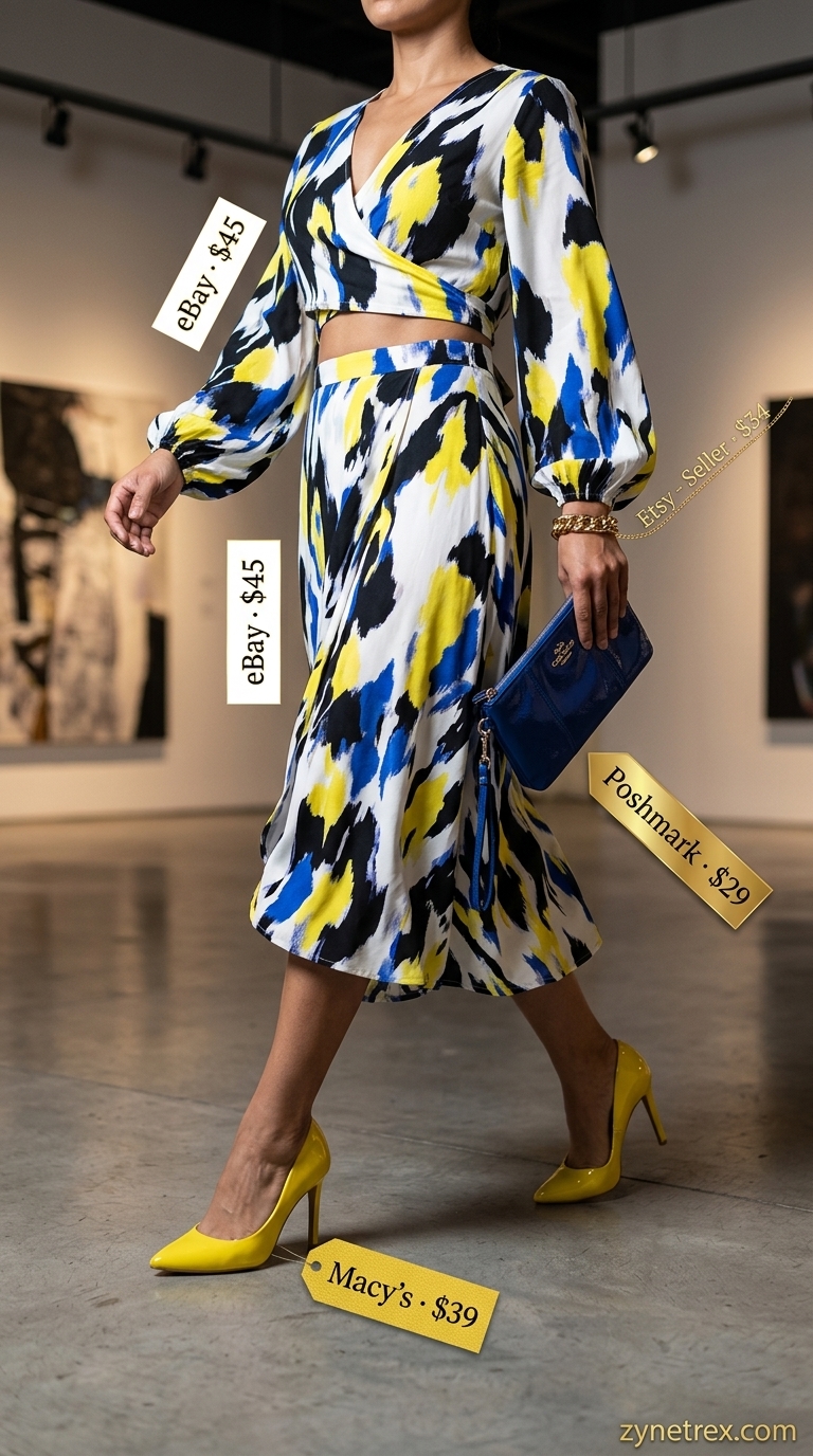 Colorful Summer Outfits 2026: Bold Abstract Set Colorful summer print outfits for women 2026: Abstract print matching set, heeled sandals, clutch for cocktail party.