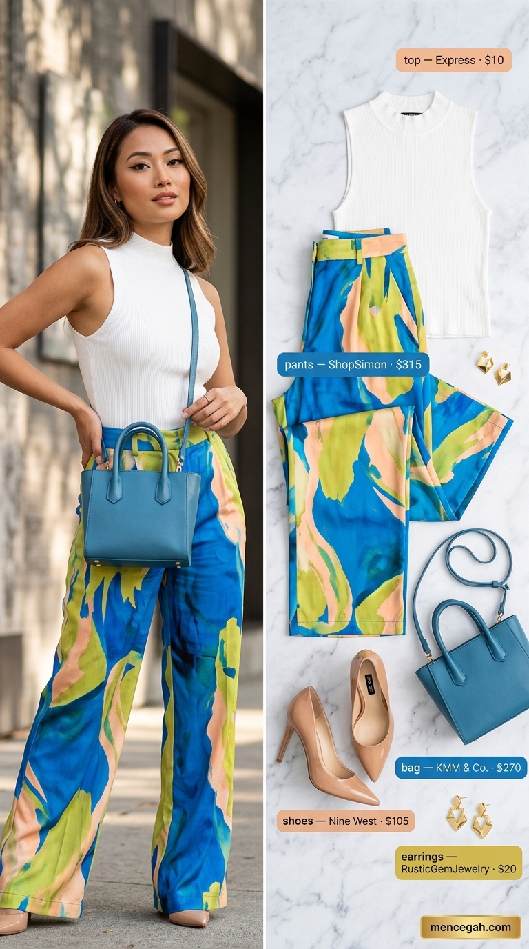 Colorful Summer Outfits 2026: Abstract Art Style Colorful summer print outfits for women 2026: Abstract silk trousers, white tank, heeled mules for an art gallery.
