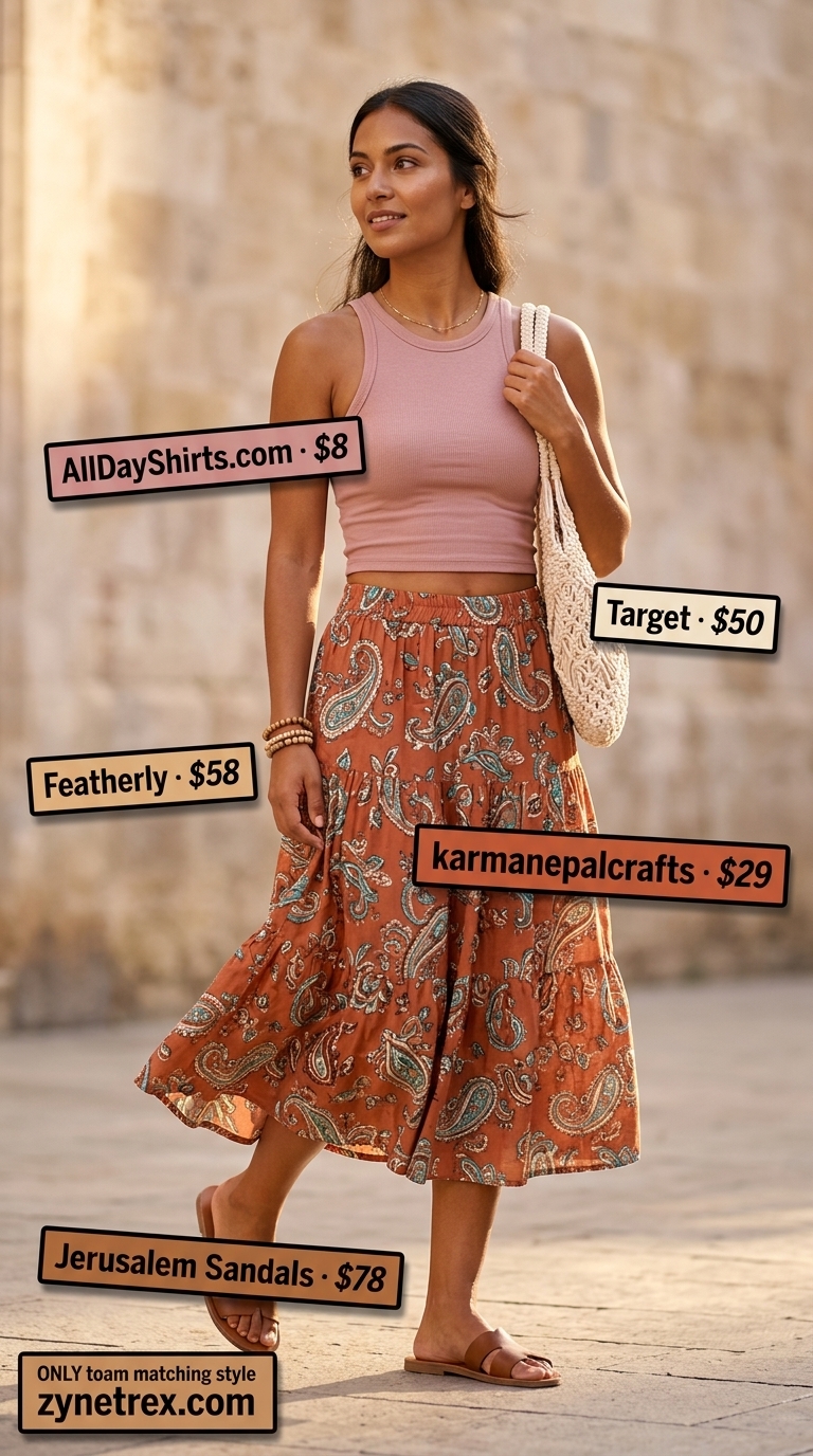 Paisley Midi Skirt: Boho Summer Outfits 2026 Colorful summer print outfits for women 2026: Terracotta paisley midi skirt with cream tank and leather sandals.