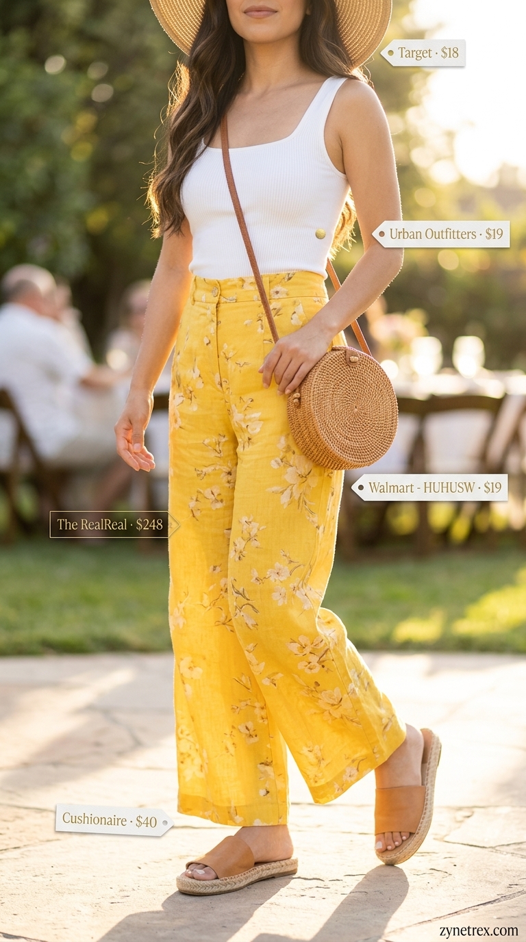 Bold Floral Pants: Summer Brunch Outfits 2026 Colorful summer print outfits for women 2026: Yellow floral linen pants with white top and espadrilles for brunch.
