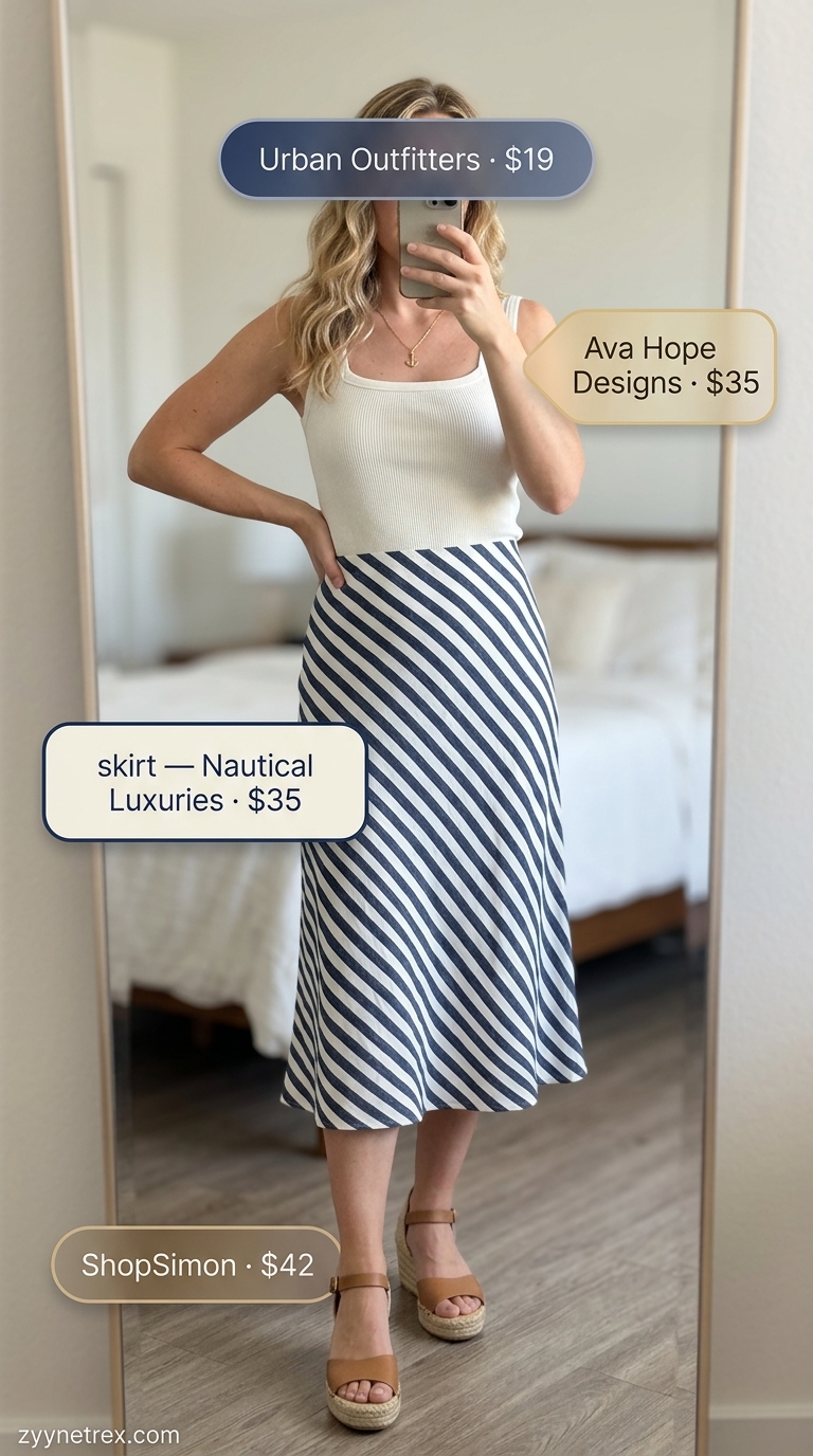 Colorful Summer Print Outfits for Women 2026: Coastal Vibes Colorful summer print outfits for women 2026: Navy & white stripe skirt with red top and espadrilles for a coastal look.