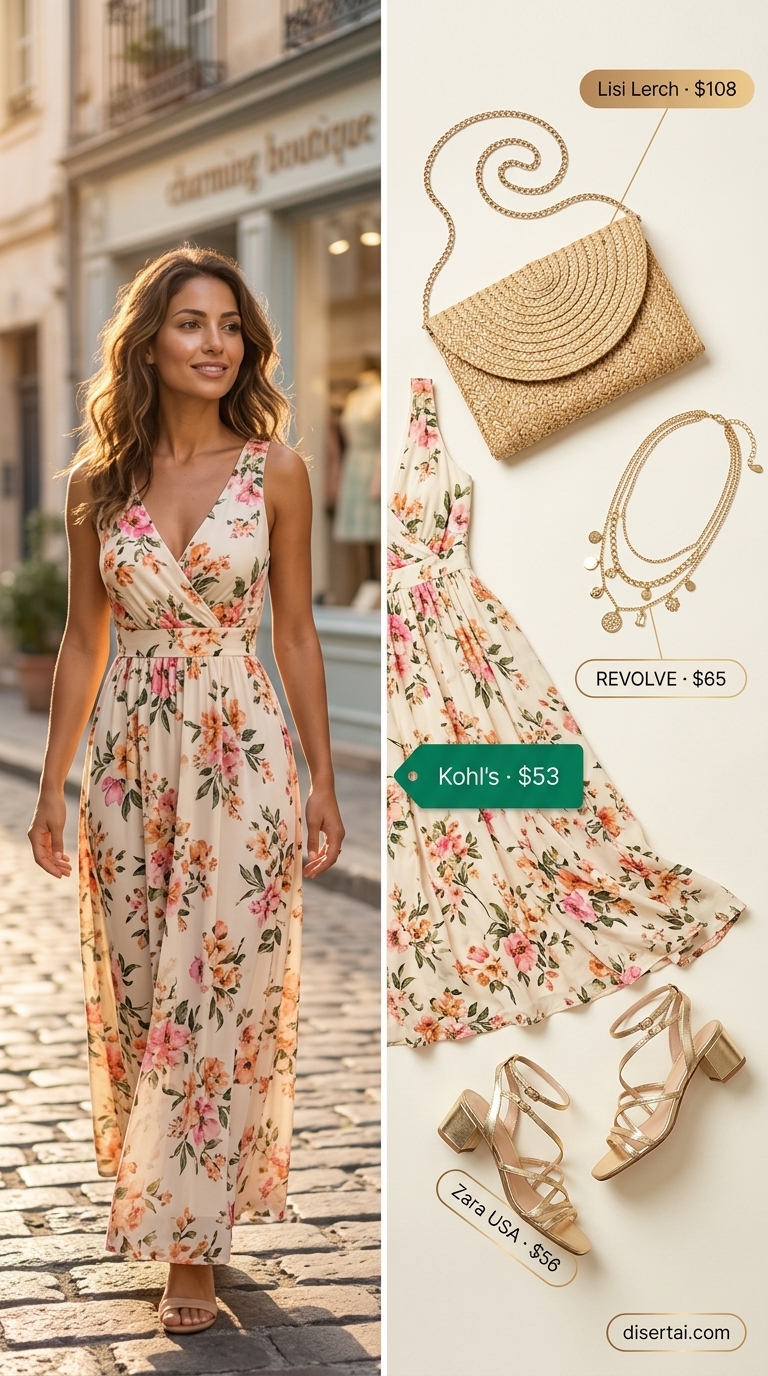 Colorful Summer Print Outfits for Women 2026: Maxi Dress Glam Colorful summer print outfits for women 2026: Floral maxi dress with straw hat and gold sandals for a garden party.