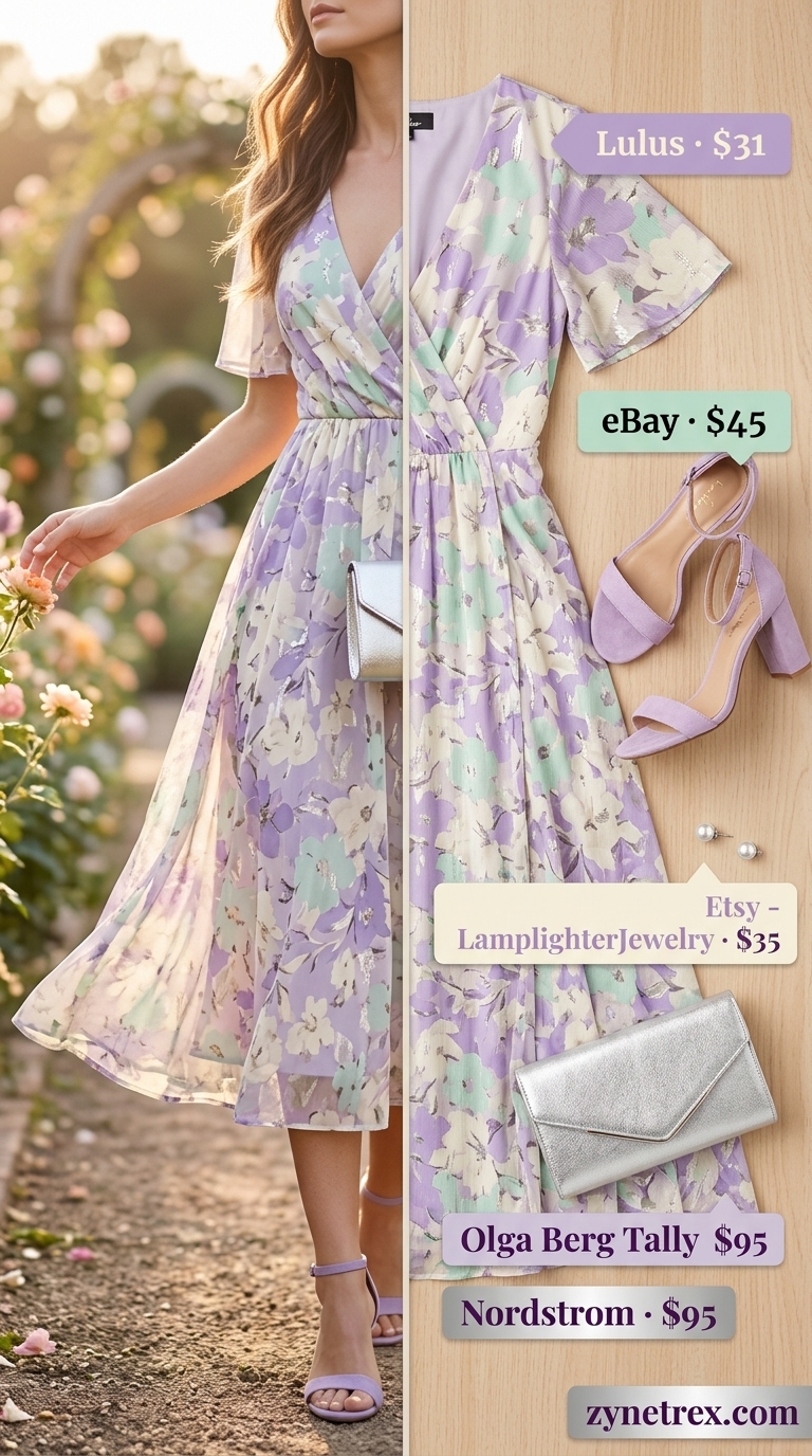 Floral Midi Dress: Garden Party Outfits 2026 Colorful summer print outfits for women 2026: Lavender floral midi dress with silver heels and clutch for garden wedding.
