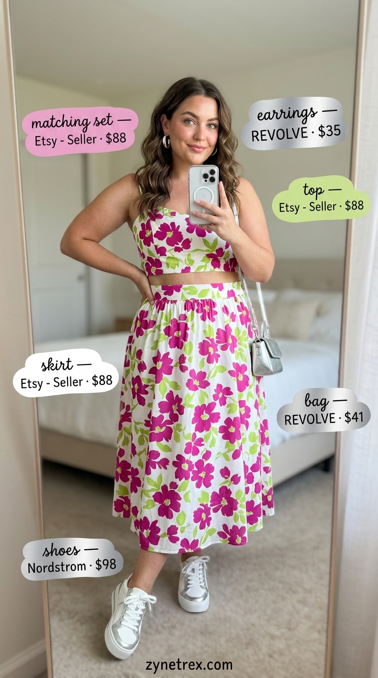 Colorful Summer Print Outfits for Women 2026: Garden Party Set Colorful summer print outfits for women 2026: Fuchsia & lime green matching set with white platform sneakers for a garden party.