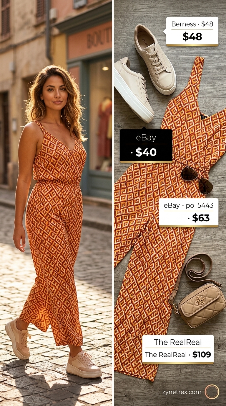 Colorful Summer Outfits 2026: Urban Safari Jumpsuit Colorful summer print outfits for women 2026: Geometric jumpsuit, platform sneakers, belt bag for city exploration.