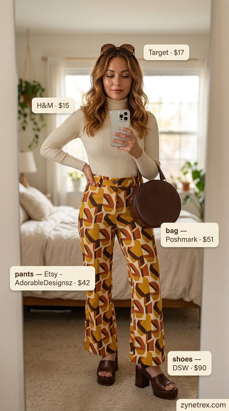 Colorful Summer Outfits 2026: Retro Geometric Pants Colorful summer print outfits for women 2026: Geometric trousers, turtleneck top, platform sandals for retro party.