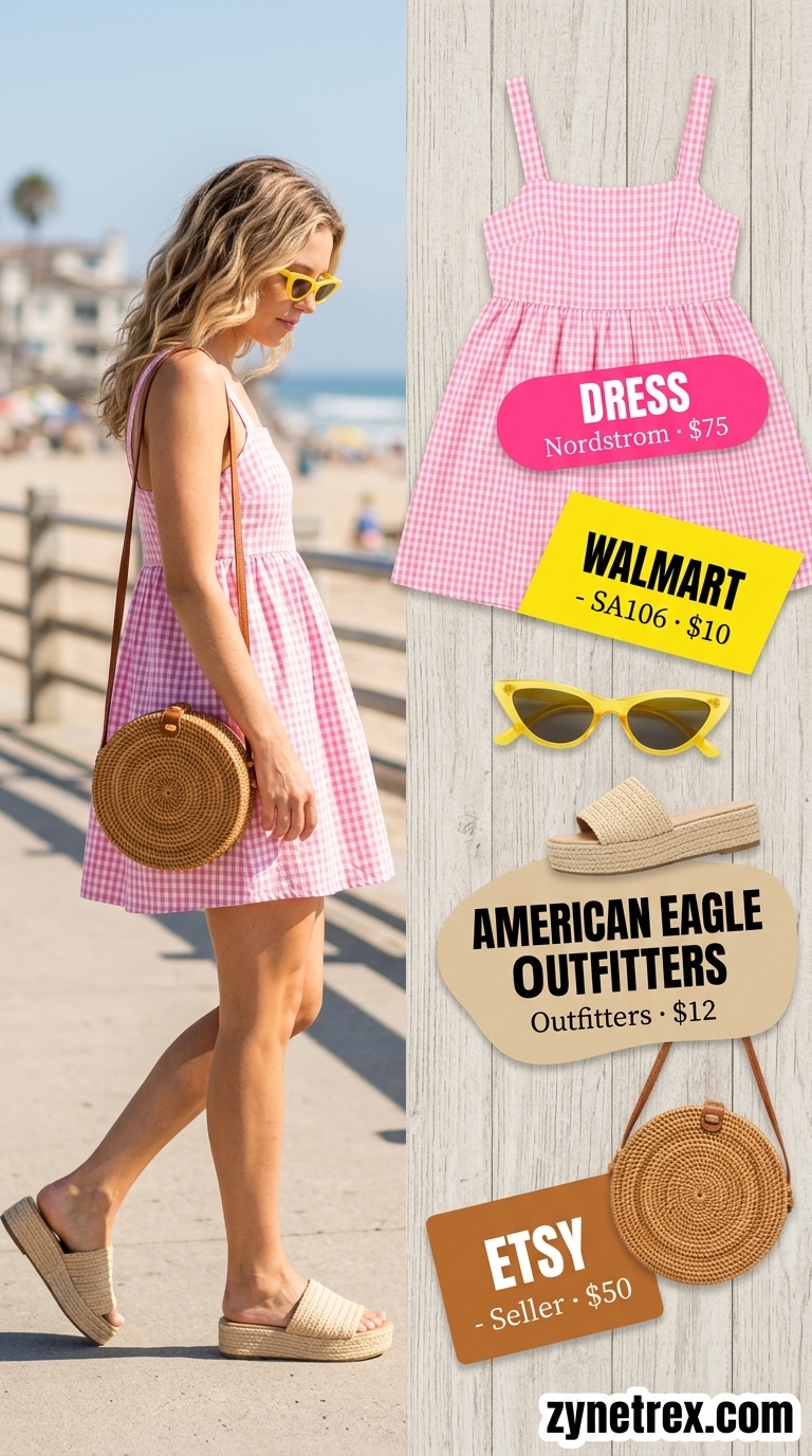 Colorful Summer Outfits 2026: Boardwalk Babe Style Colorful summer print outfits for women 2026: Pink gingham sundress, wicker bag, espadrilles for a boardwalk stroll.