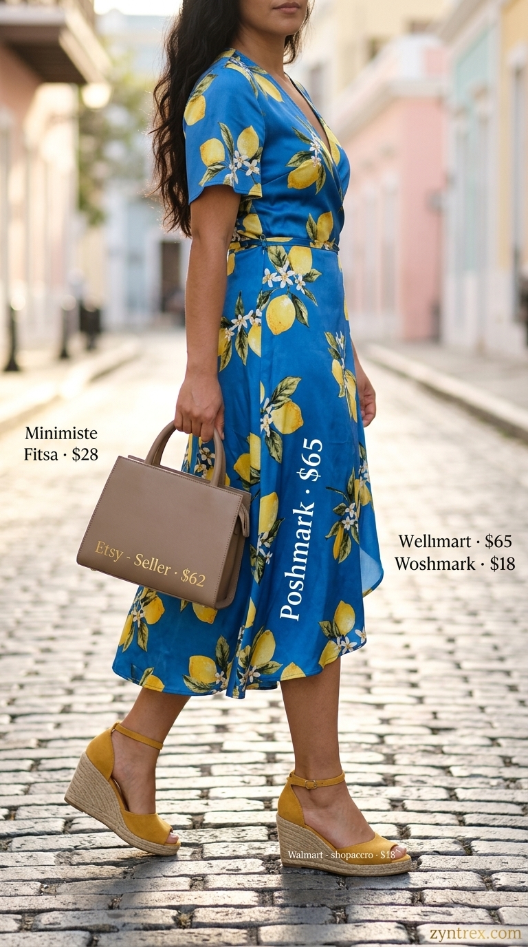 Colorful Summer Outfits 2026: Riviera Chic Dress Colorful summer print outfits for women 2026: Mediterranean print dress, espadrilles, structured bag for resort.