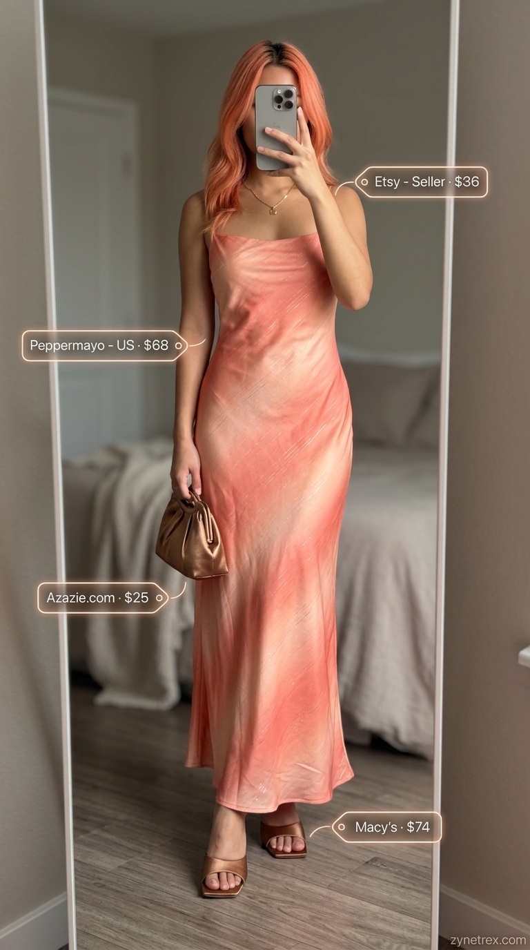 Colorful Summer Print Outfits for Women 2026: Sunset Maxi Dress Colorful summer print outfits for women 2026: Ombre sunset maxi dress with gold sandals and layered necklaces for evening.