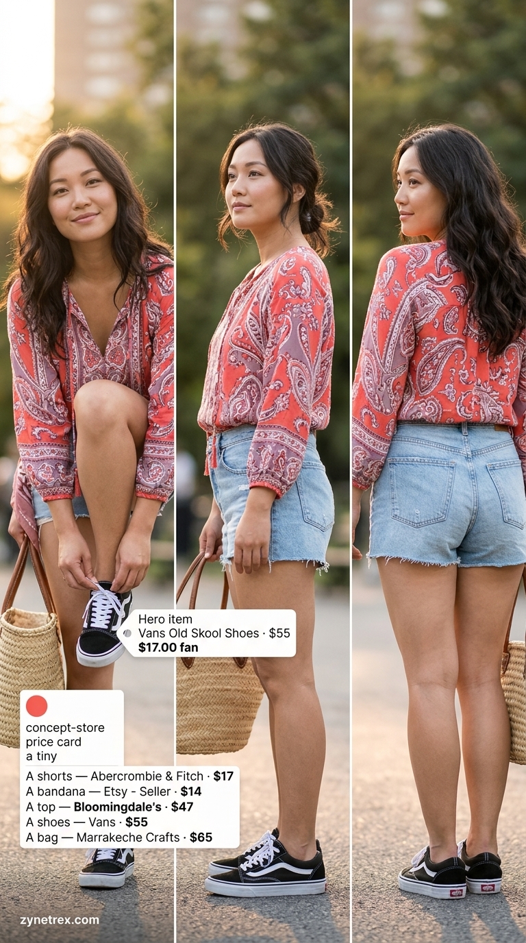 Colorful Summer Outfits 2026: Preppy Picnic Style Colorful summer print outfits for women 2026: Paisley peasant blouse, denim shorts, sneakers for a picnic.