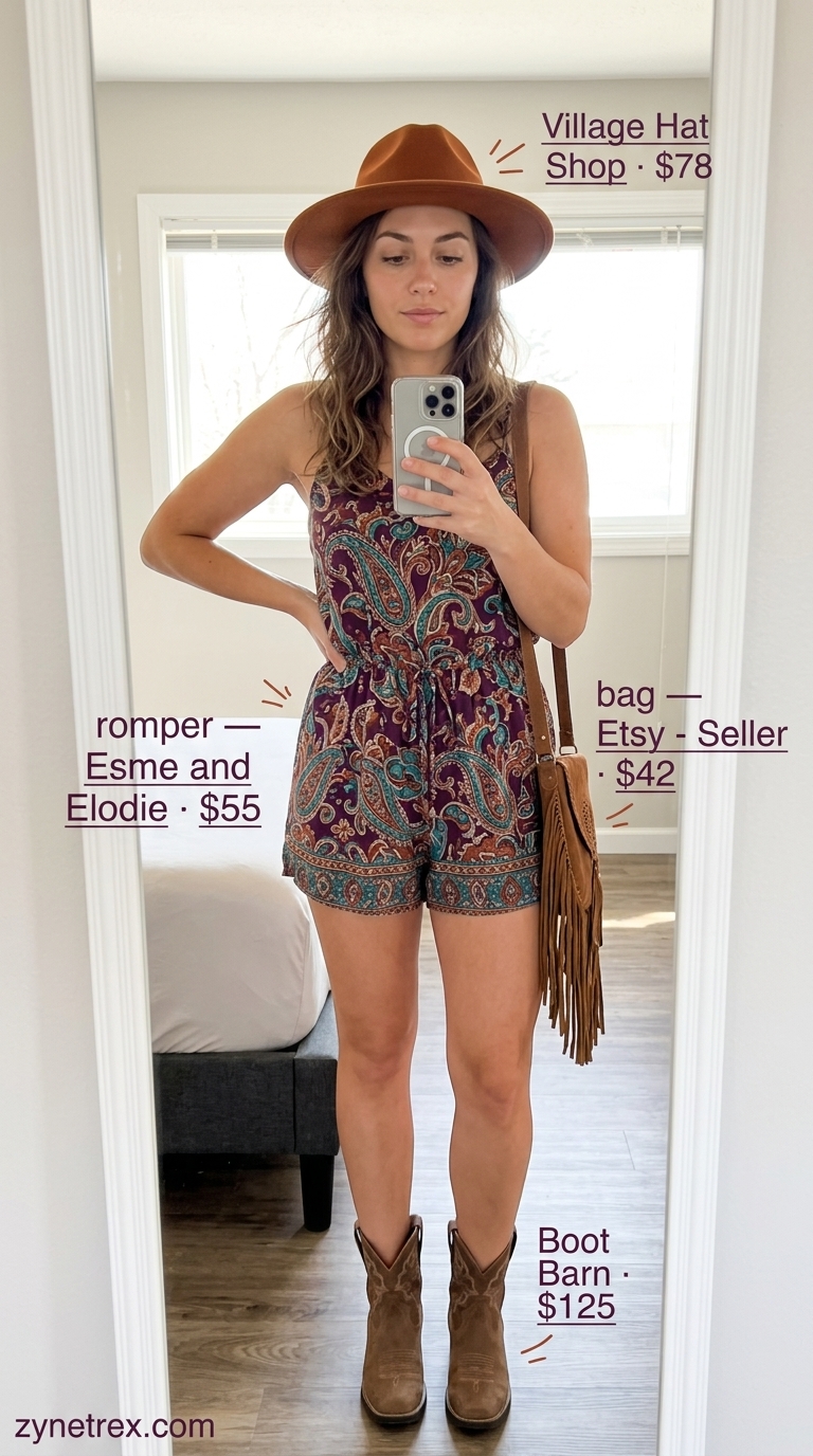 Colorful Summer Print Outfits for Women 2026: Paisley Romper Colorful summer print outfits for women 2026: Plum paisley print romper with fringe bag and cowboy boots for a festival.