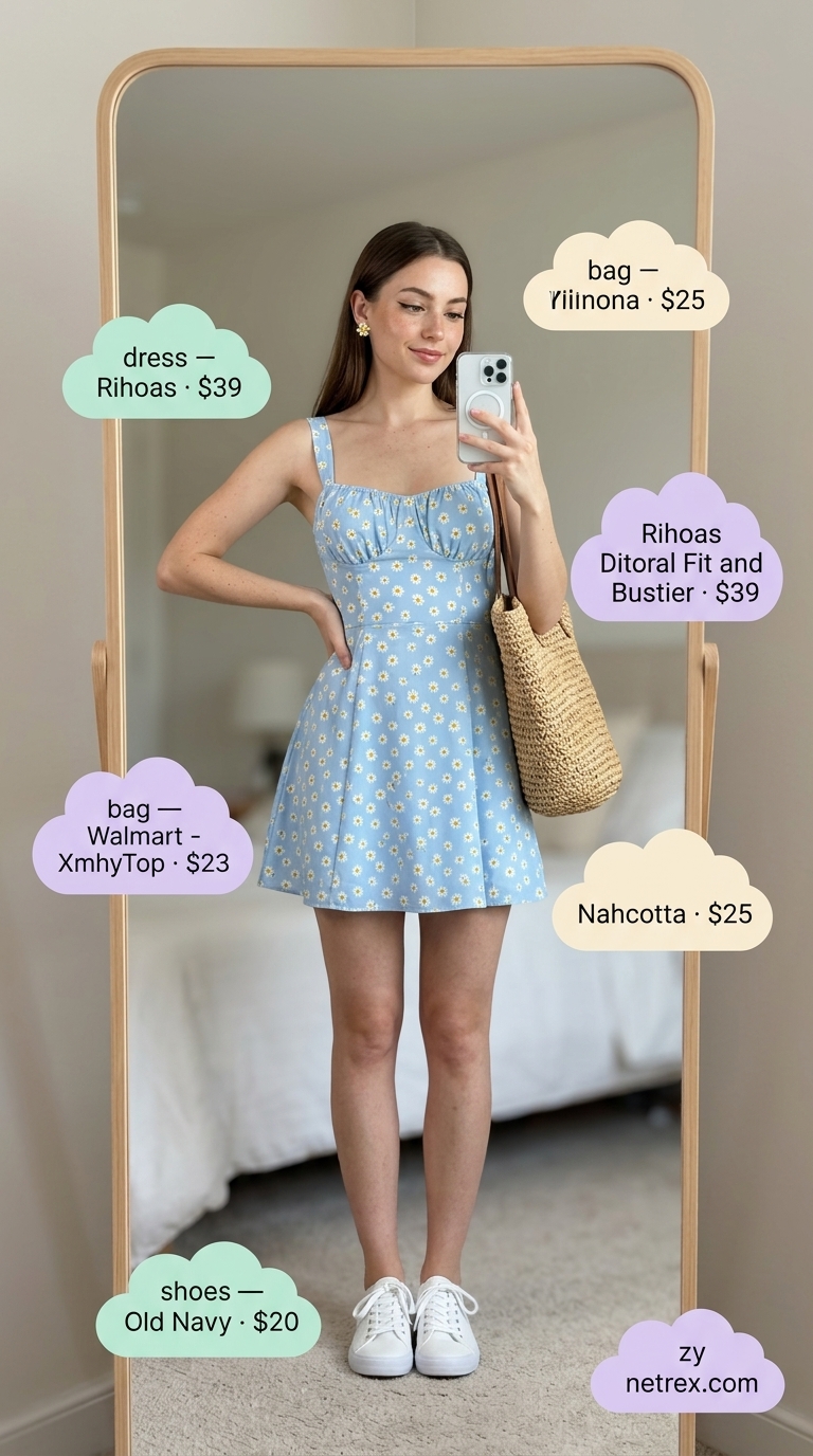 Colorful Summer Print Outfits for Women 2026: Picnic Style Colorful summer print outfits for women 2026: Sky blue floral mini sundress with white sneakers and straw bag for a picnic.