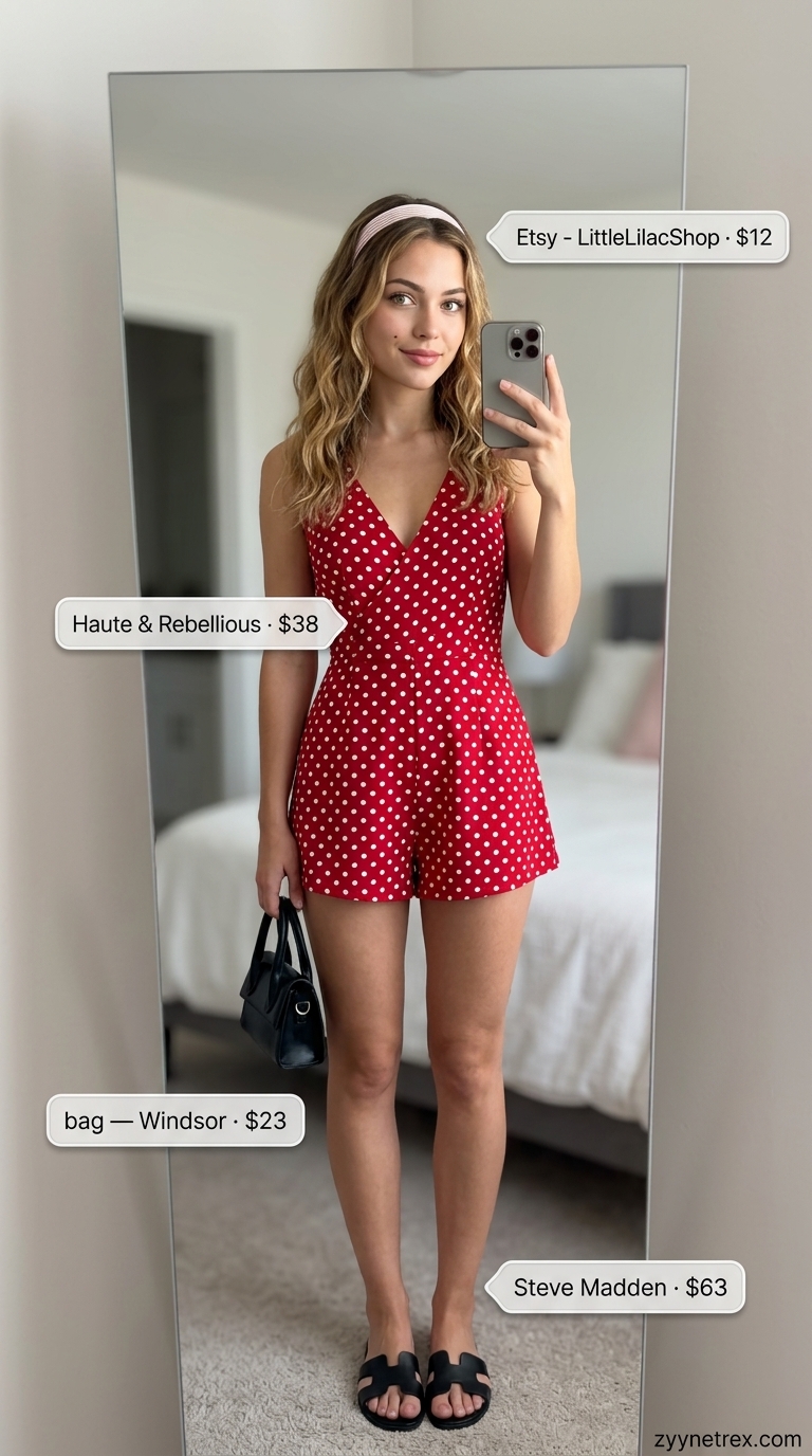 Colorful Summer Outfits 2026: Polka Dot Romper Style Colorful summer print outfits for women 2026: Red polka dot romper, black slides, gold necklace for brunch.