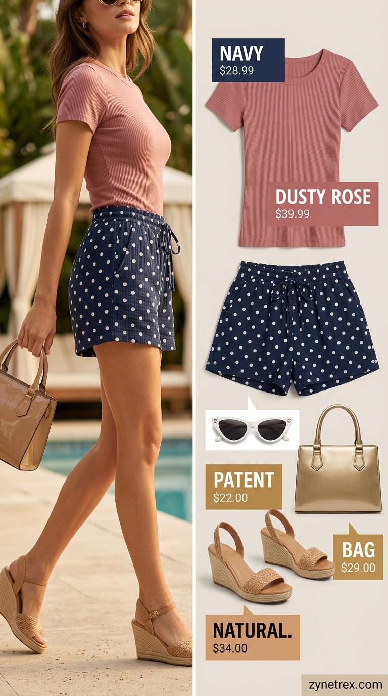 Polka Dot Shorts: Retro Summer Outfits 2026 Colorful summer print outfits for women 2026: Navy polka dot shorts with white top and cat-eye sunglasses.