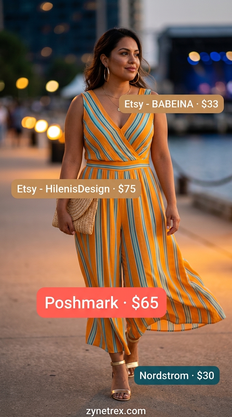 Striped Jumpsuit: Effortless Summer Outfits 2026 Colorful summer print outfits for women 2026: Orange teal stripe jumpsuit with gold sandals for summer dinner.