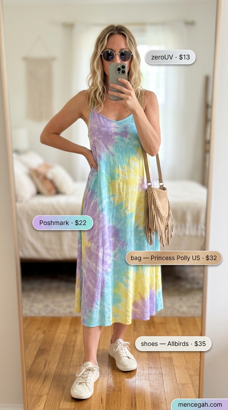 Colorful Summer Outfits 2026: Tie-Dye Festival Style Colorful summer print outfits for women 2026: Tie-dye midi dress, crossbody bag, sneakers for a festival.