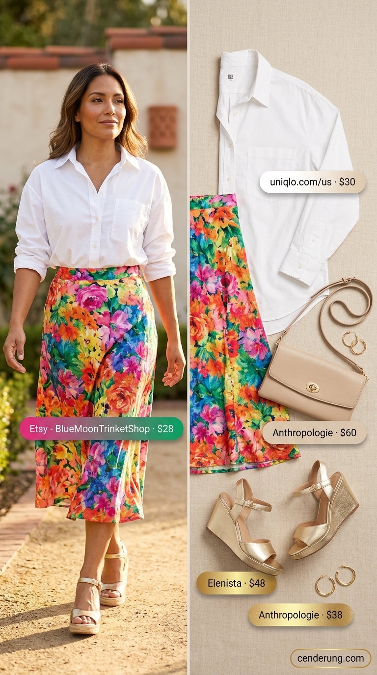 Colorful Summer Print Outfits for Women 2026: Tropical Midi Skirt Colorful summer print outfits for women 2026: Tropical print midi skirt with white shirt and espadrille wedges for vacation.
