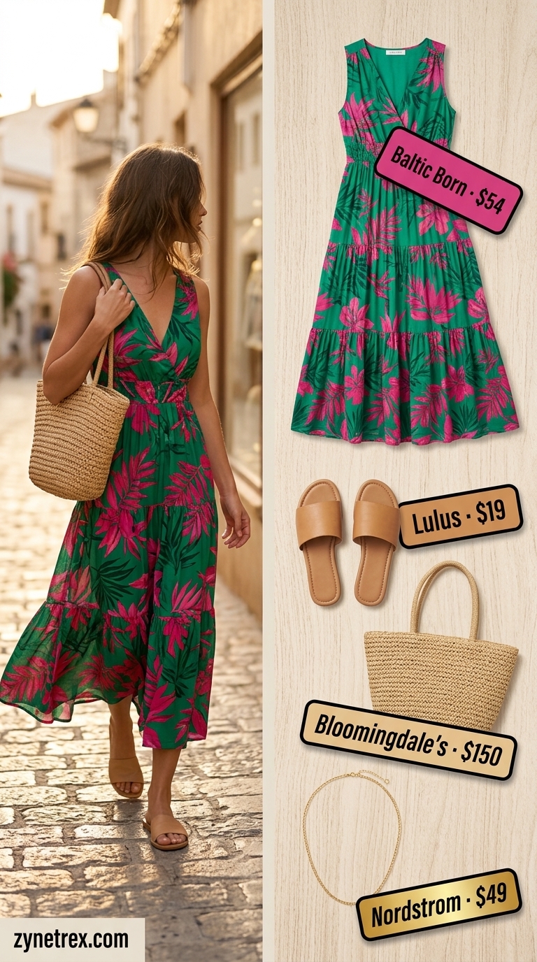 Colorful summer print outfits for women 2026: Emerald green tropical maxi dress with gold necklace and straw hat for beach resort.