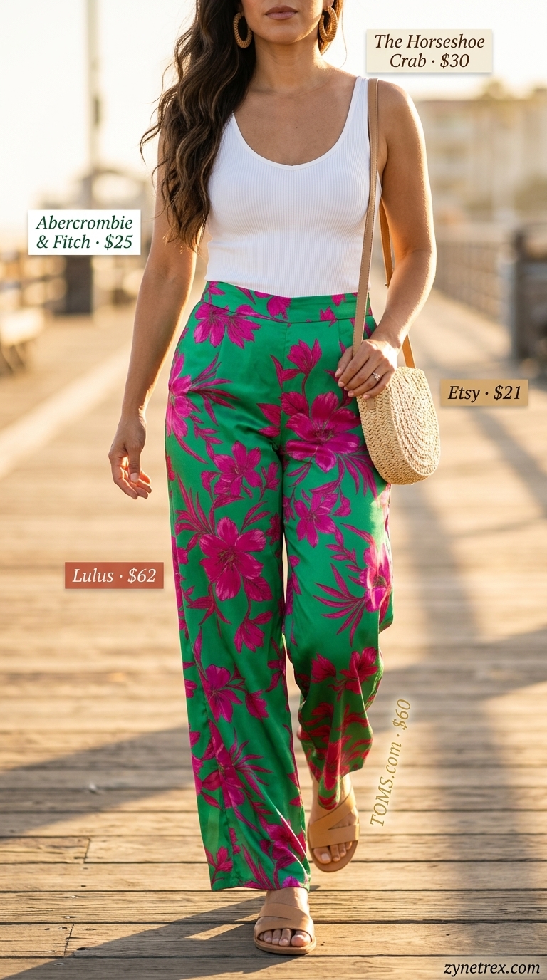 Colorful Summer Print Outfits for Women 2026: Palazzo Pants Colorful summer print outfits for women 2026: Tropical print wide-leg pants with white tank and leather sandals for vacation.