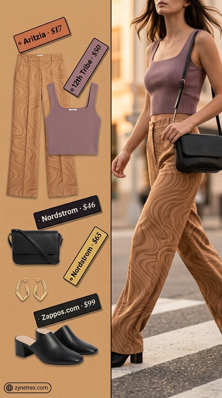 Abstract Trousers: Urban Summer Outfits 2026 Colorful summer print outfits for women 2026: Camel abstract print trousers with black top and leather mules for city brunch.